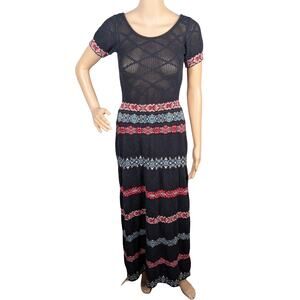 Doce De Coco Black Crochet Fair Isle Cottagecore Folk Art Maxi Sweater Dress S